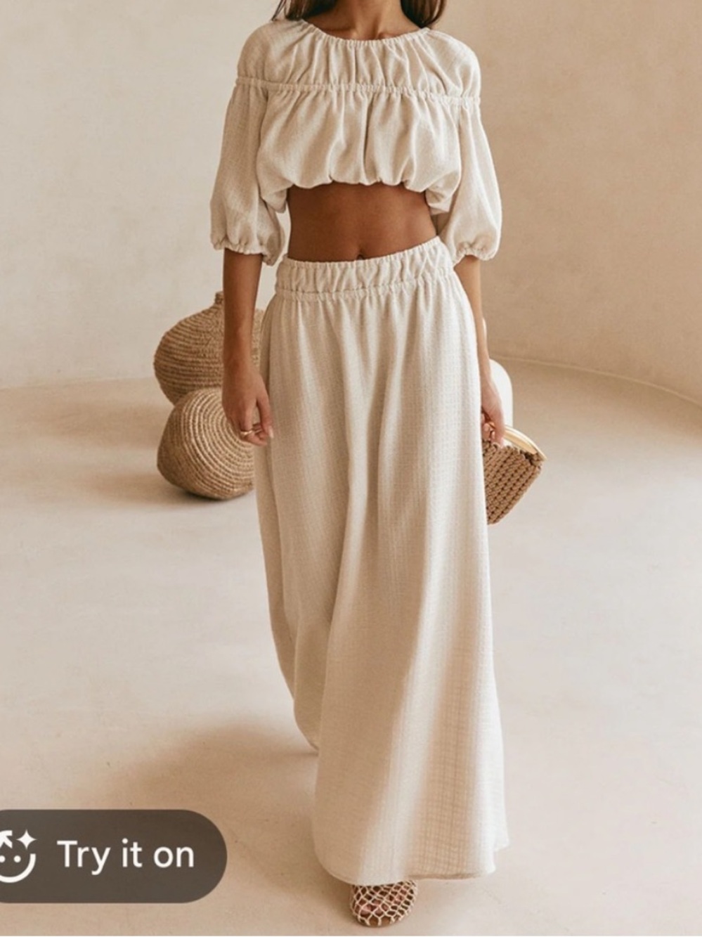 Sabo Skirt Beige Ruched A-Line Maxi Skirt and matching top